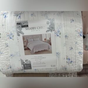 Shabby Chic Cotton Quilt Set - White and Blue Floral